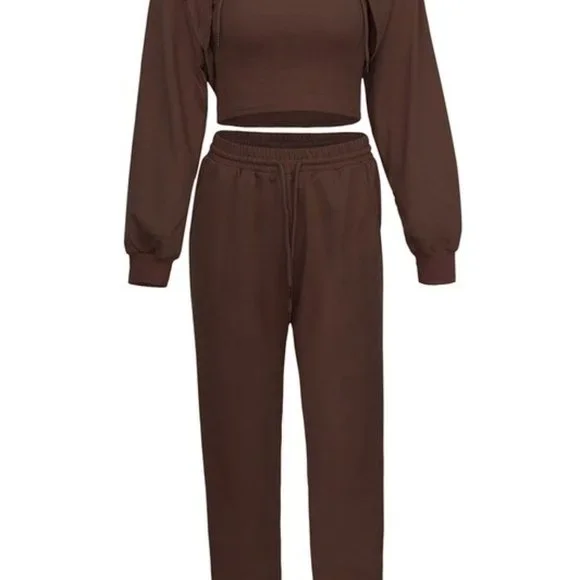 BROWN Super Cute Sexy Hoodie Loose Vest and Pants Set - Picture 3 of 3